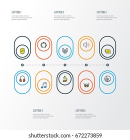 Multimedia Colorful Outline Icons Set. Collection Of Earphones, Tambourine, Headphones And Other Elements. Also Includes Symbols Such As Vinyl, Notes, Package.