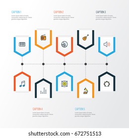 Multimedia Colorful Outline Icons Set. Collection Of Tambourine, Circle, Mixer And Other Elements. Also Includes Symbols Such As Circle, Sound, Equalizer.