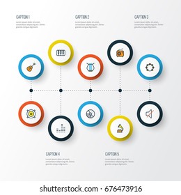 Multimedia Colorful Outline Icons Set. Collection Of Loudspeakers, Mixer, Set And Other Elements. Also Includes Symbols Such As Piano, Gramophone, Off.