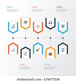 Multimedia Colorful Outline Icons Set. Collection Of Earphones, Strings, Harp And Other Elements. Also Includes Symbols Such As Instrument, Earphones, Sound.