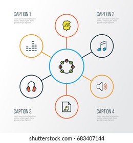Multimedia Colorful Outline Icons Set. Collection Of Mixer, Lover, Tambourine And Other Elements. Also Includes Symbols Such As Headphone, Soundtrack, Instrument.