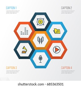 Multimedia Colorful Outline Icons Set. Collection Of Mixer, Amplifier, Loudspeakers And Other Elements. Also Includes Symbols Such As Gramophone, Sound, Earphones.