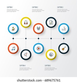 Multimedia Colorful Outline Icons Set. Collection Of Circle, Strings, Gramophone And Other Elements. Also Includes Symbols Such As Vinyl, Instrument, Gadget.