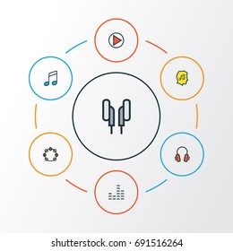 Multimedia Colorful Outline Icons Set. Collection Of Earphones, Sound, Tambourine And Other Elements. Also Includes Symbols Such As Music, Cover, Lover.