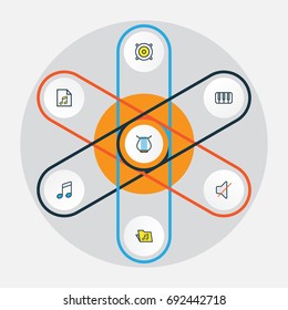 Multimedia Colorful Outline Icons Set. Collection Of Keys, Sound, Harp And Other Elements. Also Includes Symbols Such As List, Folder, Strings.