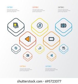 Multimedia Colorful Outline Icons Set. Collection Of Camera, Empty Accumulator, Synchronize And Other Elements. Also Includes Symbols Such As Previous, Filmstrip, Video.