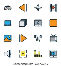 Multimedia Colorful Outline Icons Set. Collection Of Equalizer, Picture, Target And Other Elements. Also Includes Symbols Such As Stop, Previous, Controller.