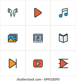 Multimedia Colorful Outline Icons Set. Collection Of Play, Finish, Begin And Other Elements. Also Includes Symbols Such As Music, Button, Book.