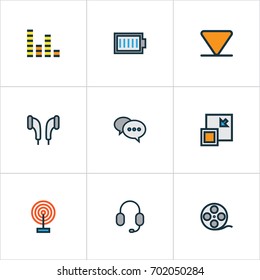 Multimedia Colorful Outline Icons Set. Collection Of Headphone, Full Battery, Headset And Other Elements. Also Includes Symbols Such As Chatting, Audio, Charge.