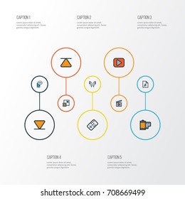 Multimedia Colorful Outline Icons Set. Collection Of Headphone, Maximize, Bottom And Other Elements. Also Includes Symbols Such As Top, Controller, Earmuff.
