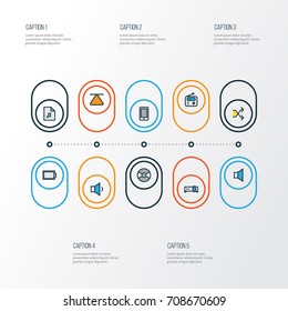 Multimedia Colorful Outline Icons Set. Collection Of Presentation, Turntable, Volume Down And Other Elements. Also Includes Symbols Such As Tuner, Top, Turntable.