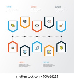 Multimedia Colorful Outline Icons Set. Collection Of Lover, Template, Strings And Other Elements. Also Includes Symbols Such As Sound, Harp, Speaker.