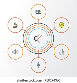 Multimedia Colorful Outline Icons Set. Collection Of Keys, Lover, Mute And Other Elements. Also Includes Symbols Such As Level, Vinyl, Amplifier.