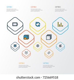 Multimedia Colorful Outline Icons Set. Collection Of Controller, Gallery, Turntable And Other Elements. Also Includes Symbols Such As Categories, Audio, Textbook.