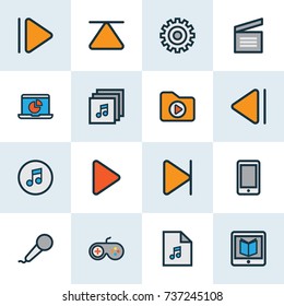 Multimedia Colorful Outline Icons Set. Collection Of Finish, Music, Gamepad And Other Elements. Also Includes Symbols Such As Folder, Albums, Clapperboard.