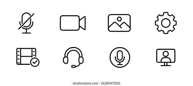 Multimedia, communication icon set - outline, audio, video, settings symbols