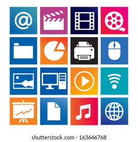 Multimedia and computer icons set on a color background