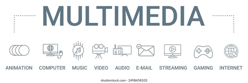 Multimedia concept banner icon contain of animation, computer, music, video, audio, e-mail, streaming, gaming, and internet vector illustration