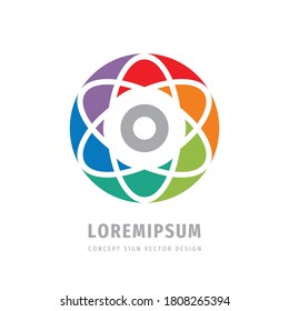 Design des Multimedia-Business-Logos. Atom Molekül Wissenschaftszeichen.  Positives Symbol für die Kommunikation in sozialen Medien. Teamwork Freundschaft Gewerkschaft Symbol. Vektorgrafik. 