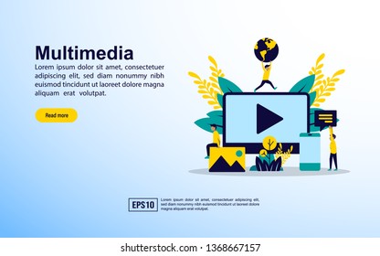Multimedia concept with icon and character. Template for web landing page, banner, presentation, social media, poster, advertising, promotion. Modern vector illustration