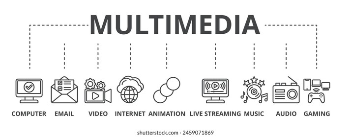 Multimedia concept icon illustration contain computer, email, video, internet, animation, live streaming, music, audio and gaming.