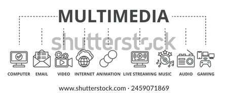 Multimedia concept icon illustration contain computer, email, video, internet, animation, live streaming, music, audio and gaming.