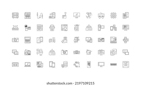 Ilustración de concepto multimedia, iconos lineales, conjunto de signos de línea, colección de vectores