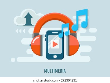 Multimedia Concept of music recording. Headphones and mobile phone. Flat design. Vector Illustration.