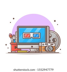 Multimedia Concept Vector Icon Illustration. Desktop, Stationery, Camera, Technology Icon Concept White Isolated. Flat Cartoon Style Suitable for Web Landing Page, Banner, Sticker, Background