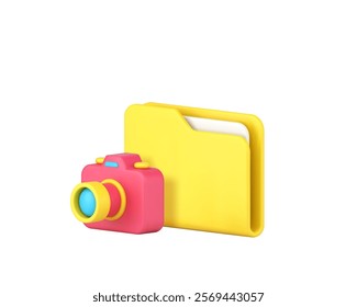 Multimedia content archive storage folder with camera 3d icon realistic vector illustration. Media photo video file database cloud computing management organization backup server administration