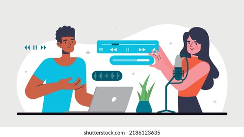 Multimedia content concept. Man and girl recording audio files, podcasts. Modern technologies and promotion on Internet, content for social networks, bloggers. Cartoon flat vector illustration