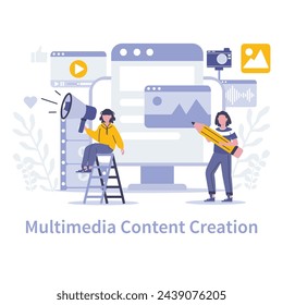 Concepto de creación de contenido multimedia. Dando rienda suelta a la creatividad en plataformas con audiovisuales dinámicos y medios interactivos. La narrativa digital en su apogeo. Ilustración vectorial.