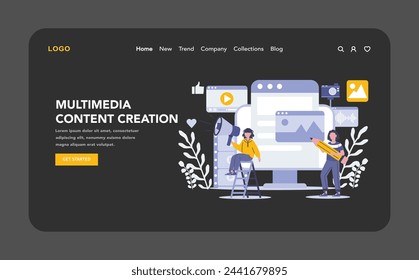 Multimedia Content Creation night or dark mode web or landing page. Unleashing creativity across platforms with dynamic audiovisuals and interactive media. Digital storytelling at its peak.