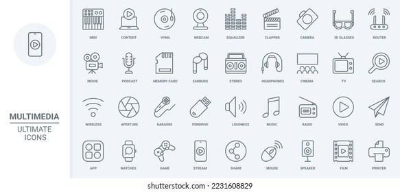 Multimedia content, equipment and entertainment thin line icons set vector illustration. Abstract outline video camera and microphone, photo, movie and music library mobile app, headphones and games