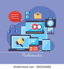 Grupo de iconos de contenido multimedia sobre fondo morado