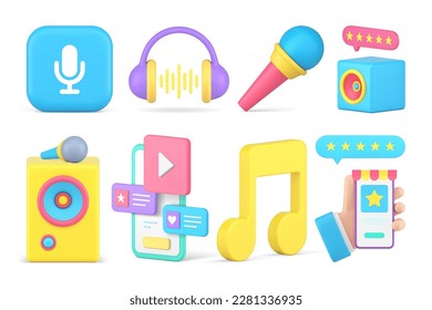 Multimedia content online store aplicación smartphone aplicación música video tecnología set 3d icono ilustración vectorial realista. Redes sociales: transmisión digital por internet de transmisión de la red del ciberespacio