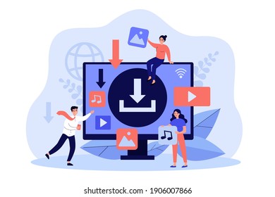 Interfaz de carga de contenido multimedia. Usuarios de Internet descargando música, archivos de video piratas. Pequeñas personas en la pantalla del ordenador. Ilustración vectorial plana para datos torrent, concepto de uso compartido de contenido digital