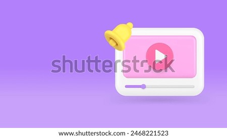 Multimedia content video player new blog vlog subscription ring bell alert 3d icon realistic vector illustration. Social media network follow online playing entertainment live show internet broadcast