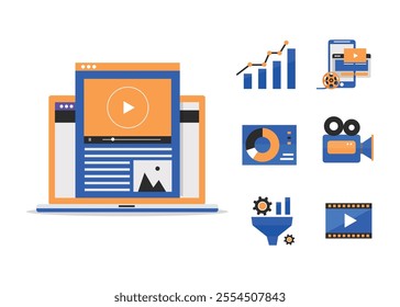 Multimedia content, video post production and footage editing. Computer animation, special effects design, Data growth, Video content, Reels, Chart, Video devices platforms, Icons vector illustration.