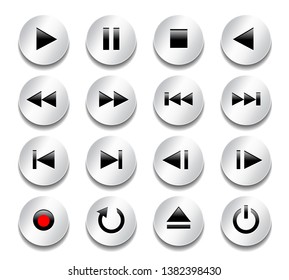Multimedia control buttons. Gray metallic shiny buttons with black glossy icons. Technology signs and symbols. Vector illustration