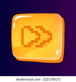 Multimedia control glossy ui button with pixelated icon. Editable 8bit graphic element on shiny square shape. Isolated vector user interface image for web, mobile. Retro style game design