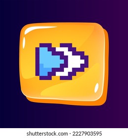 Multimedia control glossy ui button with pixelated color icon. Fast forward function. Editable 8bit graphic element on shiny glass rectangle shape. Isolated image for arcade, video game design