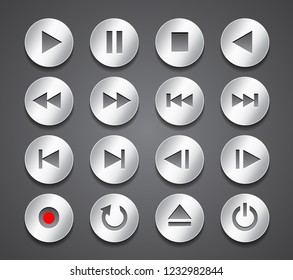 Multimedia control icons. Gray metallic shiny buttons on dark background. Technology signs and symbols. Vector illustration