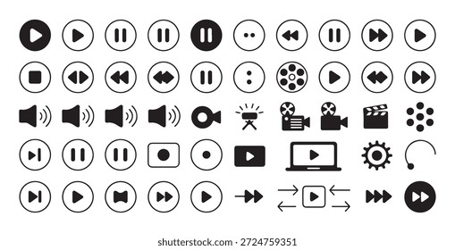 Conjunto de iconos de control multimedia. Blanco y negro reproducir, pausar, detener, rebobinar, avanzar, avanzar rápido, símbolos de volumen.