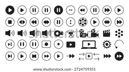 Multimedia control icons set. Black and white play, pause, stop, rewind, forward, fast forward, volume symbols.