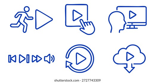 Conjunto de iconos de control multimedia que ilustran varias funciones e interacciones multimedia en un estilo de contorno simple y sobre un fondo limpio