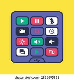 Multimedia control panel with intuitive buttons for managing playback audio camera settings ideal for presentations streaming.