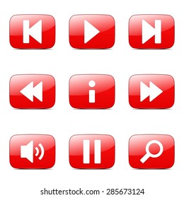 Multimedia Controller Square Vector Red Icon Design Set