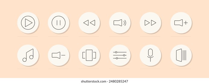 Multimedia controls set icon. Play, pause, rewind, volume, fast forward, music, equalizer, microphone, speaker. Vector line icon on peach background.