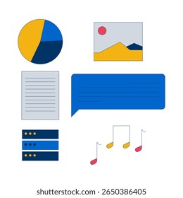 Multimedia and data elements 2D cartoon objects set. Pie chart, photo icon, document, speech bubble, musical notes, server isolated flat vector clip arts on white. Spot illustrations collection